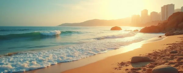 Photographie réaliste d'un paysage méditerranéen algérien baigné par une lumière chaude et douce, combinant mer, soleil éclatant, et éléments naturels exprimant la dualité entre éclat solaire et atmosphère mélancolique