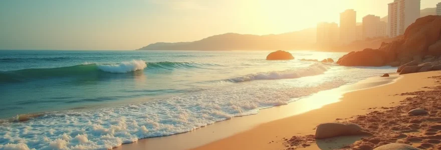 Photographie réaliste d'un paysage méditerranéen algérien baigné par une lumière chaude et douce, combinant mer, soleil éclatant, et éléments naturels exprimant la dualité entre éclat solaire et atmosphère mélancolique