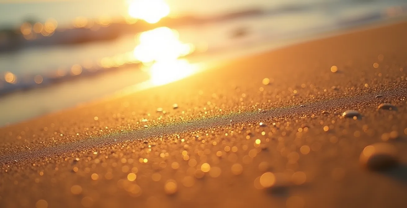 Détail en gros plan sur les reflets lumineux au bord de la mer Méditerranée en Algérie avec une texture naturelle de sable et lumière dorée au coucher du soleil
