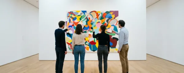 Groupe de collaborateurs observant une œuvre d'art lors d'un événement interactif d'entreprise