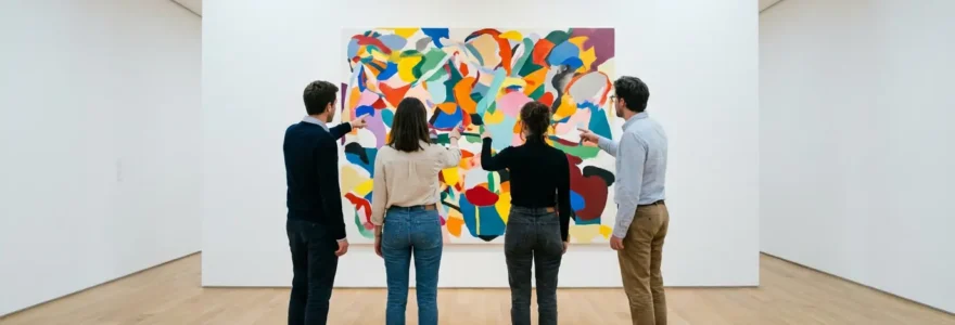 Groupe de collaborateurs observant une œuvre d'art lors d'un événement interactif d'entreprise