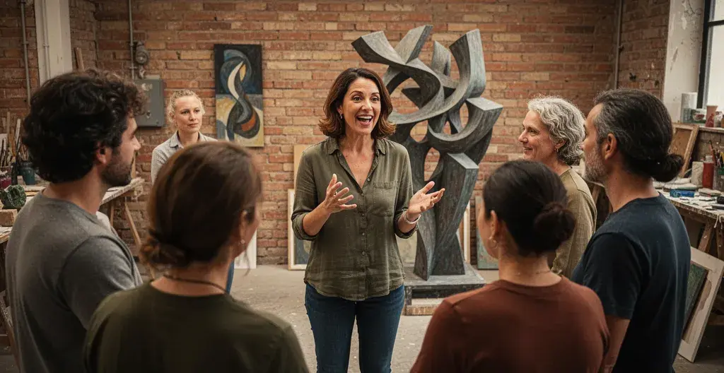 Médiatrice culturelle animant un échange devant une sculpture lors d'un team building