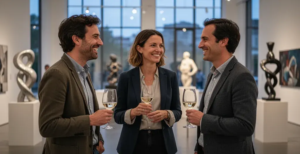 Collaborateurs échangeant lors d'une pause conviviale dans une galerie d'art après un atelier