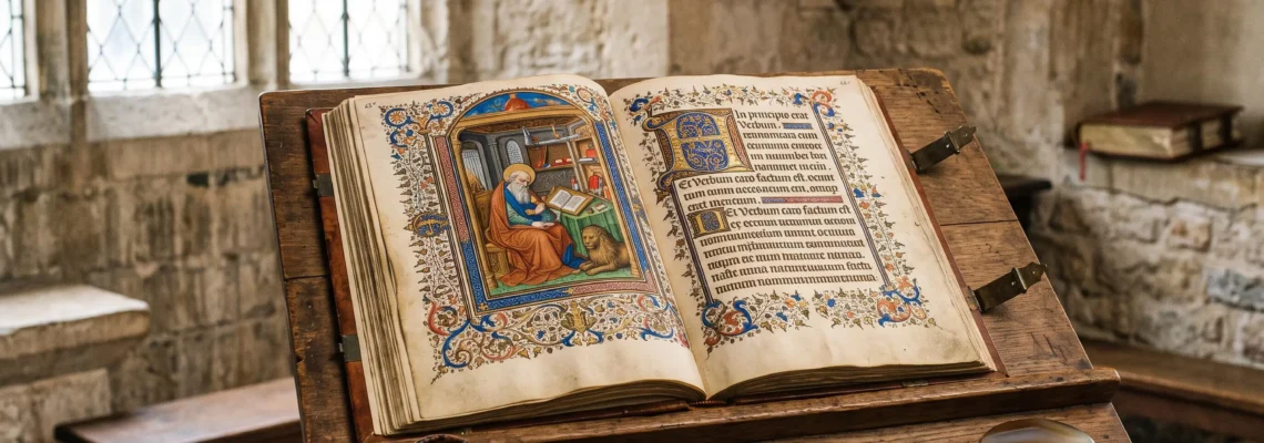 Manuscrit enluminé médiéval ouvert sur un pupitre de bois dans un scriptorium, pages de parchemin enluminées aux couleurs vives (bleu, rouge, or) éclairées par la lumière naturelle d'une fenêtre à meneaux, avec calame et pot de pigment à proximité