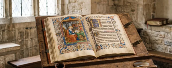 Manuscrit enluminé médiéval ouvert sur un pupitre de bois dans un scriptorium, pages de parchemin enluminées aux couleurs vives (bleu, rouge, or) éclairées par la lumière naturelle d'une fenêtre à meneaux, avec calame et pot de pigment à proximité
