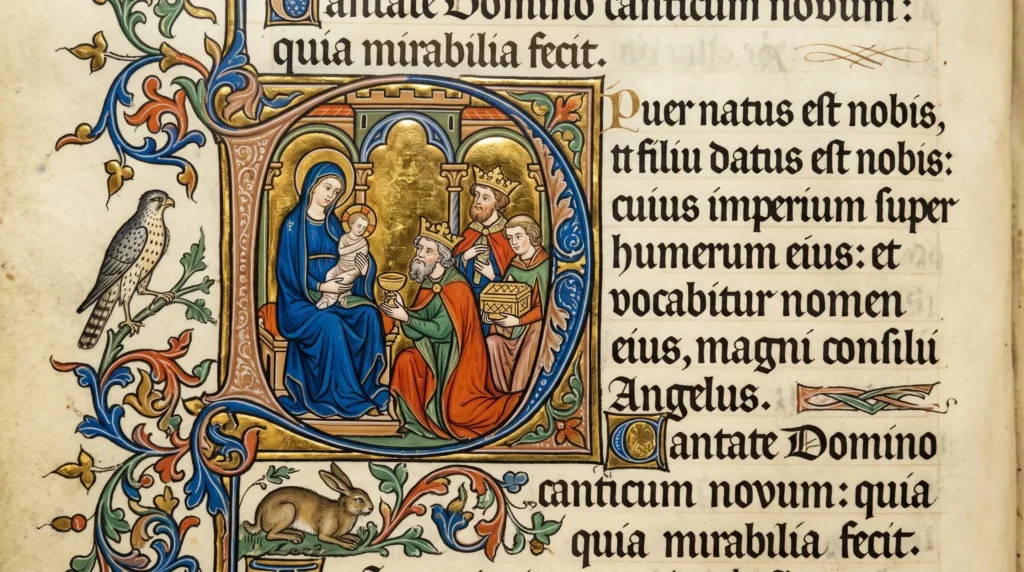 Gros plan sur une page de manuscrit enluminé médiéval montrant une lettrine historiée dorée avec personnages en vêtements colorés, animaux symboliques en marge et motifs végétaux, texte calligraphié en latin encadrant l'enluminure Gros plan sur une page de manuscrit enluminé médiéval montrant une lettrine historiée dorée avec personnages en vêtements colorés, animaux symboliques en marge et motifs végétaux, texte calligraphié en latin encadrant l'enluminure