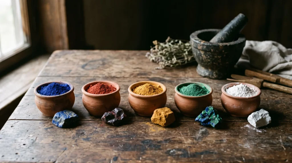 Pigments naturels médiévaux en poudre dans des récipients en terre cuite sur une table de bois, avec leurs minéraux sources (lapis-lazuli, azurite, vermillon) disposés à proximité, éclairés par lumière naturelle latérale Pigments naturels médiévaux en poudre dans des récipients en terre cuite sur une table de bois, avec leurs minéraux sources (lapis-lazuli, azurite, vermillon) disposés à proximité, éclairés par lumière naturelle latérale